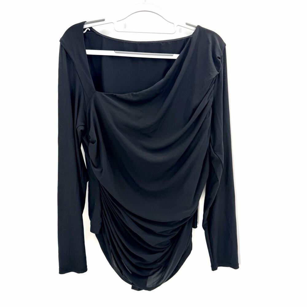 SHAPELLX Black Long Sleeve Draped Bodysuit Shaper Top Tummy Control Womens XXL